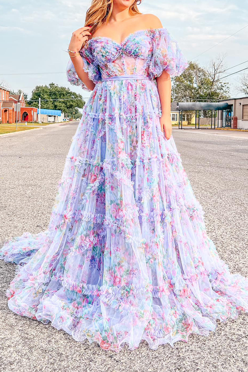 Sydney |A Line Off The Shoulder Floral Tulle Prom Dress