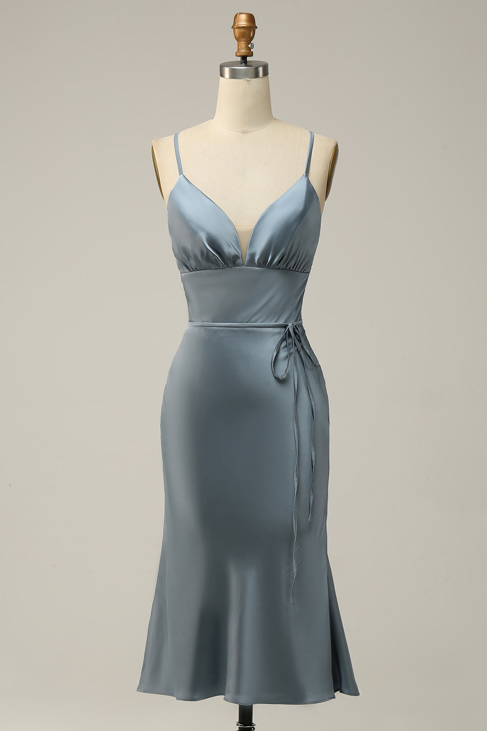 Spaghetti Straps Satin Blue Bridesmaid Dress