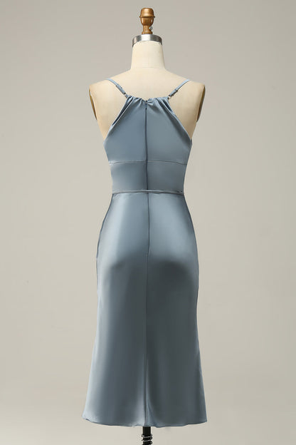 Spaghetti Straps Satin Blue Bridesmaid Dress