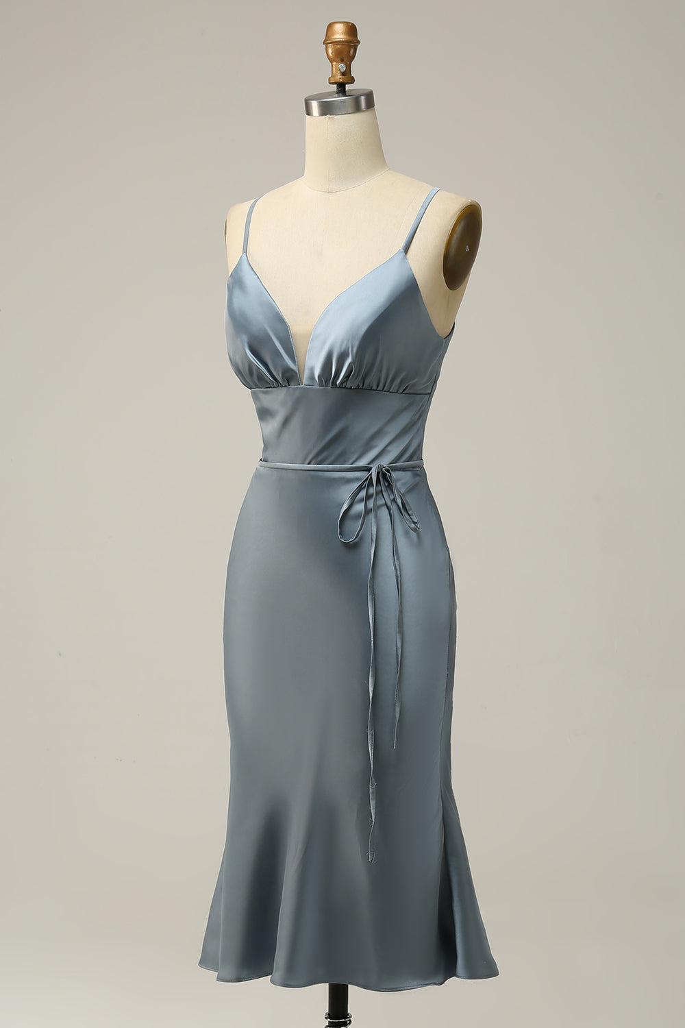 Spaghetti Straps Satin Blue Bridesmaid Dress