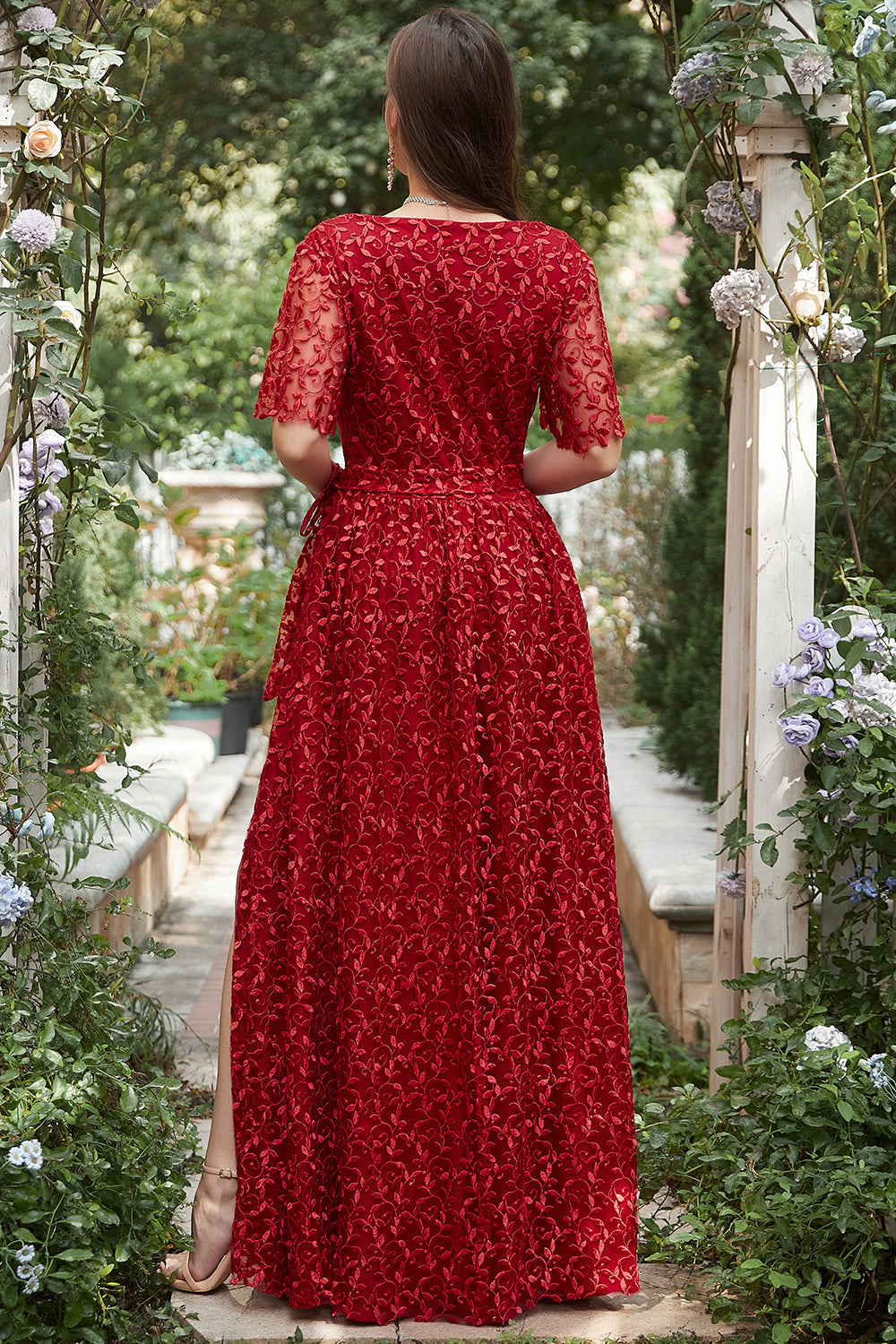 A Line V Neck Red Long Bridesmaid Dress with Embroidery