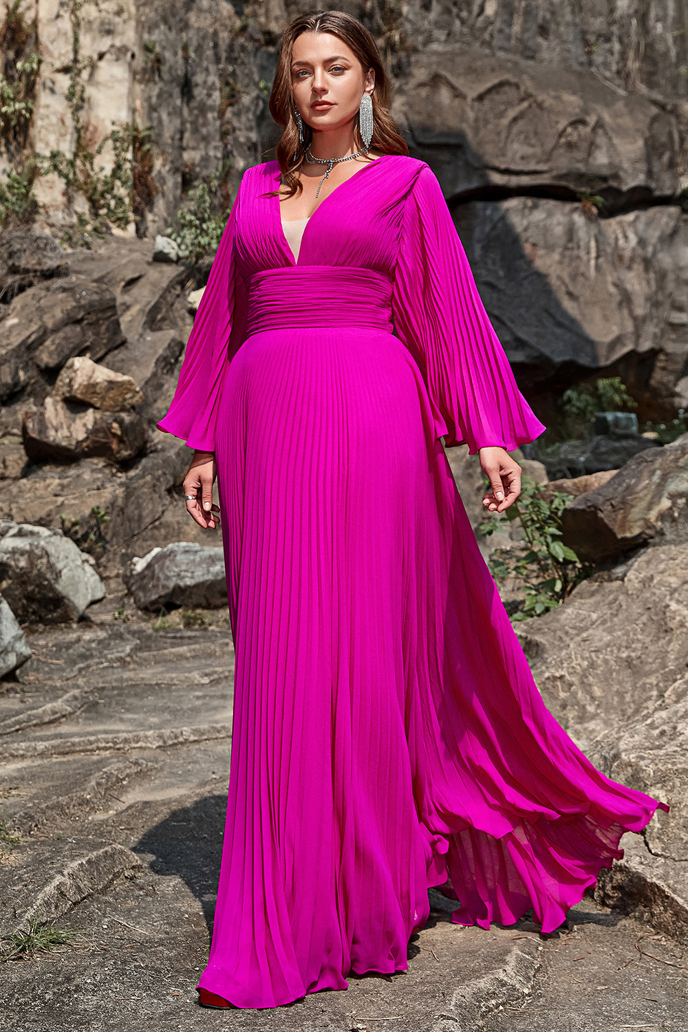 A Line Deep V Neck Dark Fuchsia Plus Size Prom Dress with Long Sleeves