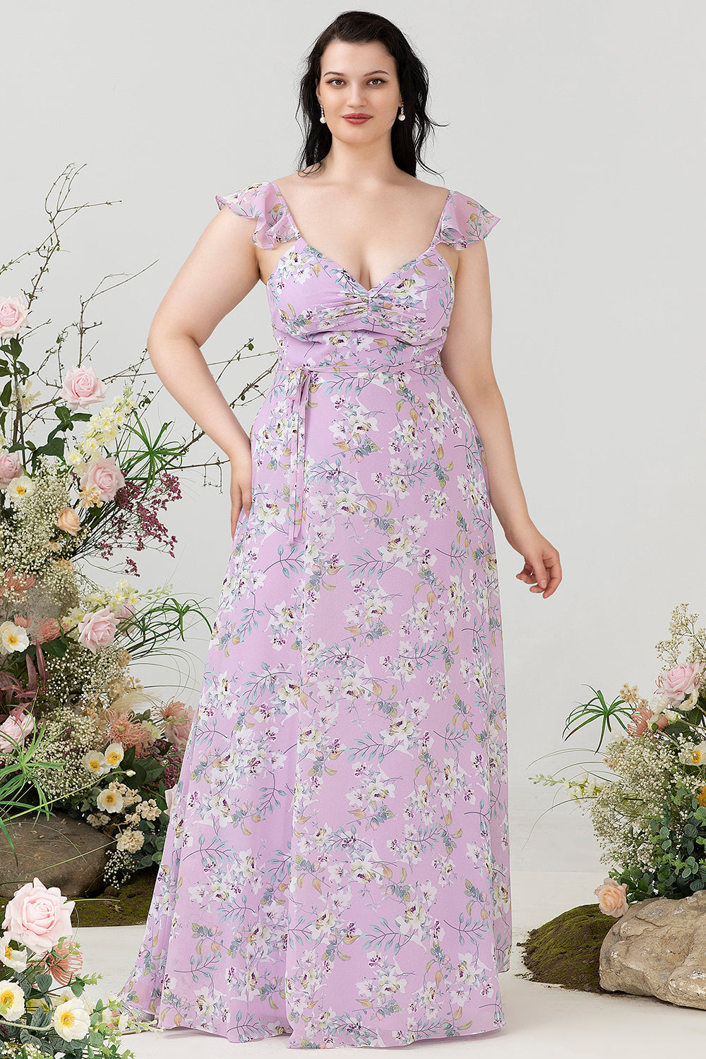 Purple Floral Print Plus Size Bridesmaid Dress