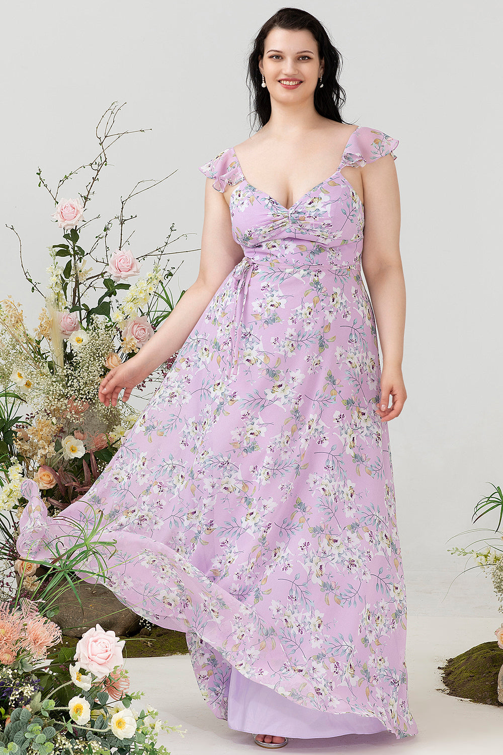 Purple Floral Print Plus Size Bridesmaid Dress