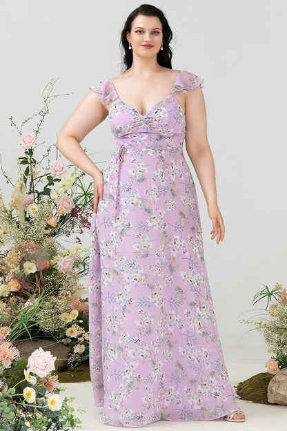 Purple Floral Print Plus Size Bridesmaid Dress