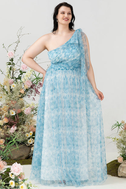 Blue Print One Shoulder Plus Size Bridesmaid Dress