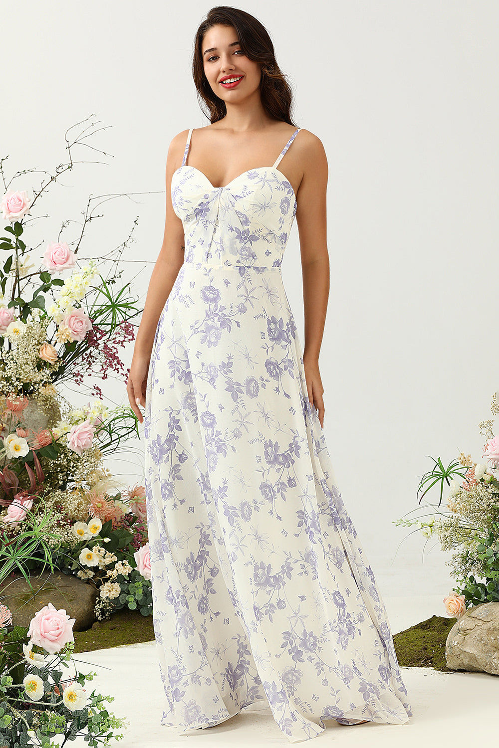 A Line Spaghetti Straps Purple Flower Printed Long Bridesmaid Dress