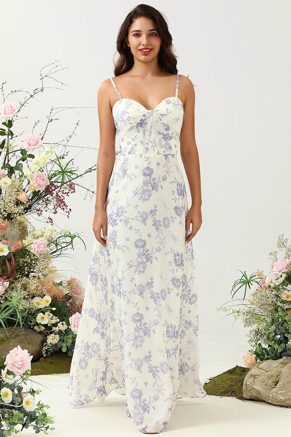 A Line Spaghetti Straps Purple Flower Printed Long Bridesmaid Dress