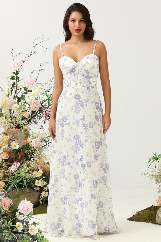 A Line Spaghetti Straps Purple Flower Printed Long Bridesmaid Dress