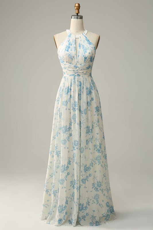 Blue Floral Boho Long Chiffon Bridesmaid Dress