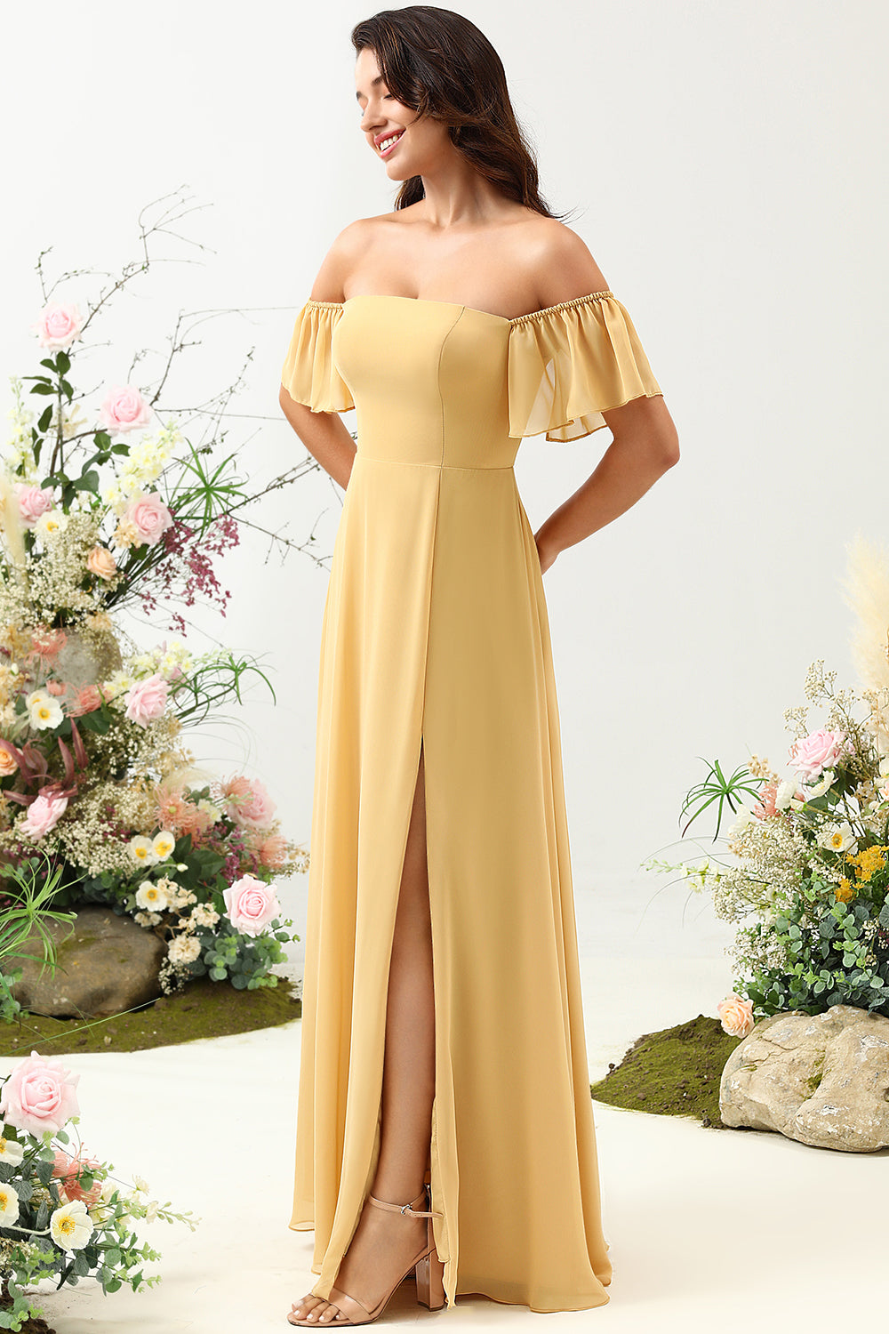 A Line Off the Shoulder Yellow Long Bridesmaid Dress