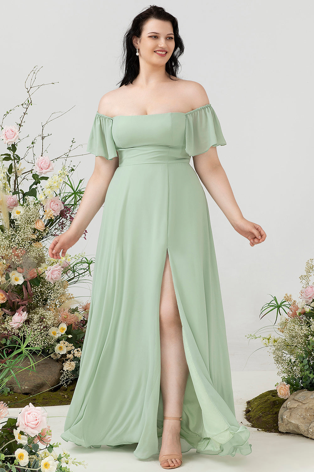 Off the Shoulder Plus size Bridesmaid Dress with Slit