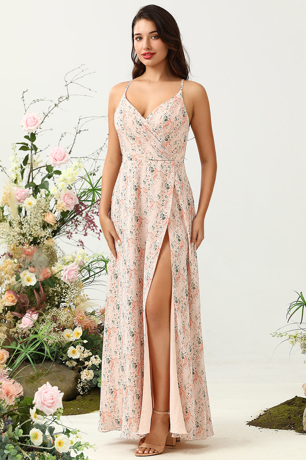 Blush Floral Chiffon Long Bridesmaid Dress with Slit