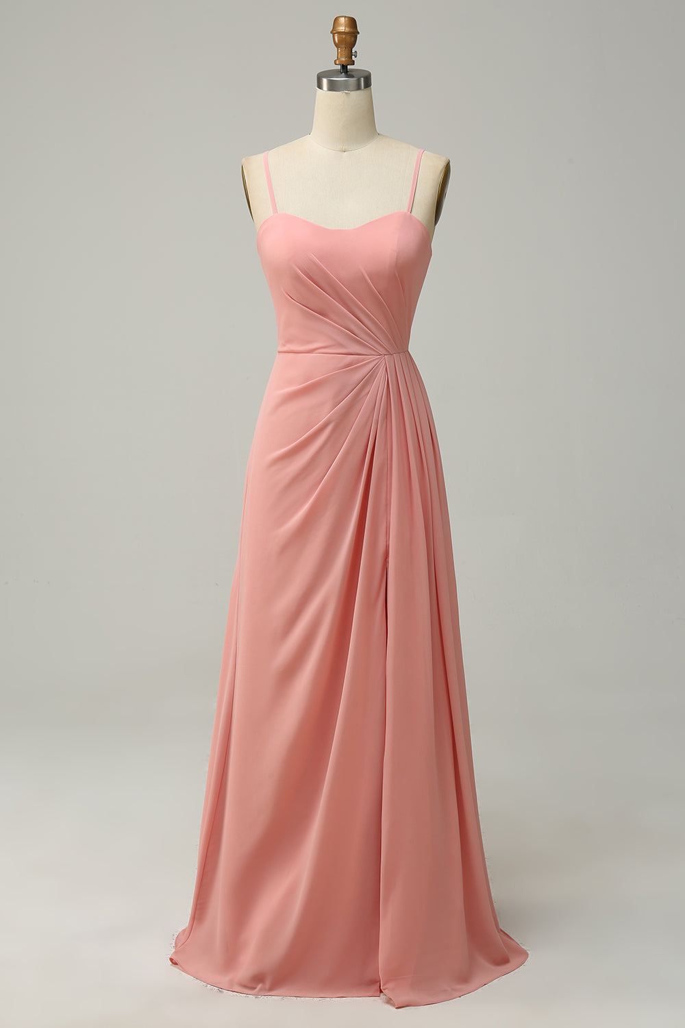 A Line Spaghetti Straps Blush Long Bridesmaid Dress with Split Front