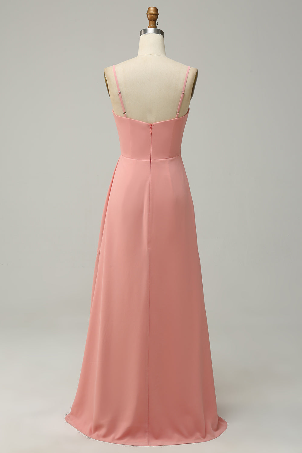 A Line Spaghetti Straps Blush Long Bridesmaid Dress with Split Front