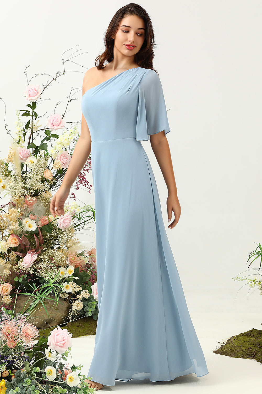 Grey Blue One Shoulder Chiffon Boho Bridesmaid Dress