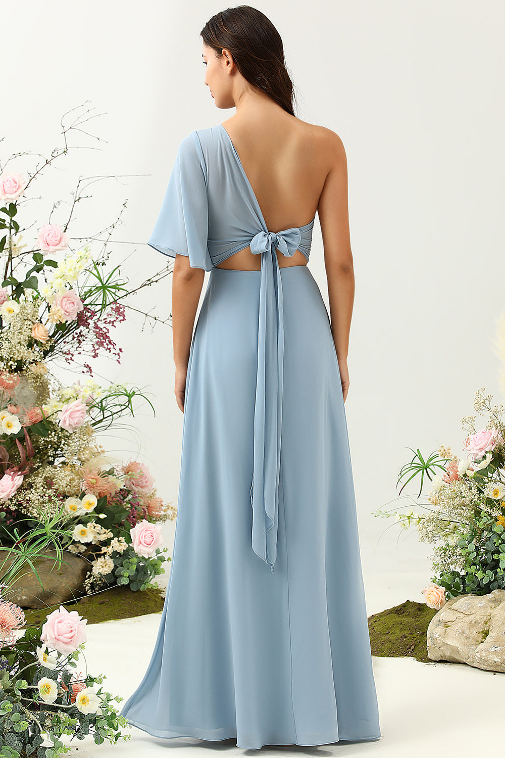 Grey Blue One Shoulder Chiffon Boho Bridesmaid Dress