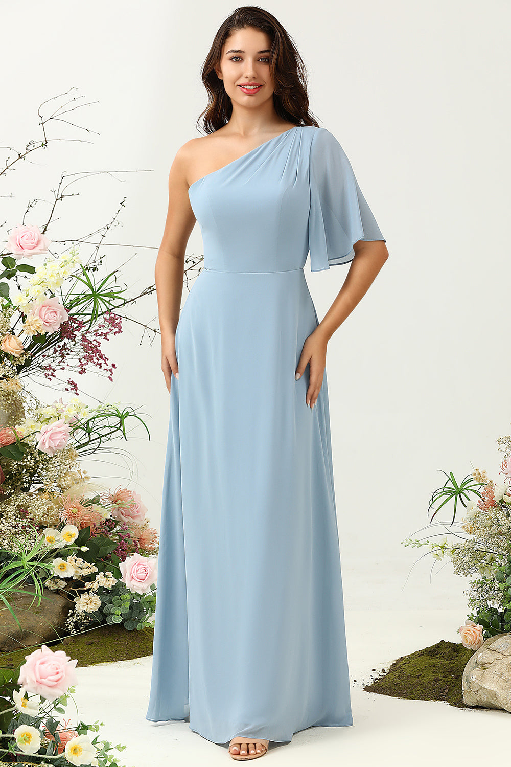 Grey Blue One Shoulder Chiffon Boho Bridesmaid Dress