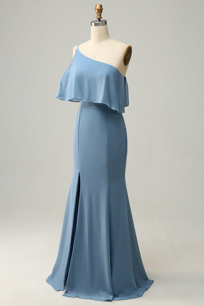 Sheath One Shoulder Blue Plus Size Bridesmaid Dress with Silt