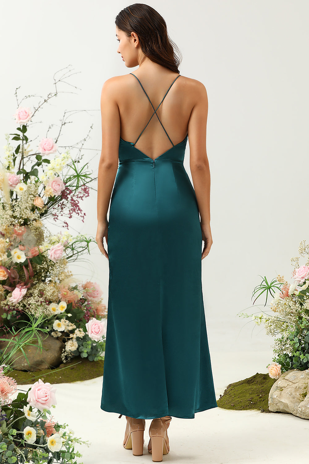 A Line Spaghetti Straps Dark Green Plus Size Bridesmaid Dress with Backless