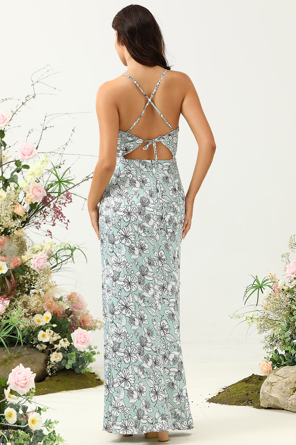 Grey Green Mermaid Floral Bridesmaid Dress