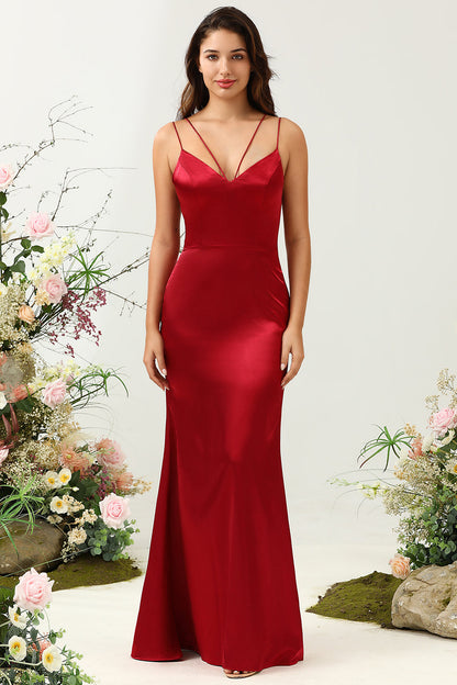 Mermaid Spaghetti Straps Burgundy Long Bridesmaid Dress with Backless