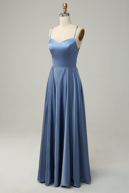 Grey Blue Halter A Line Long Bridesmaid Dress