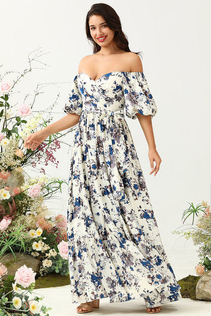 White Blue Flower Boho Bridesmaid Dress