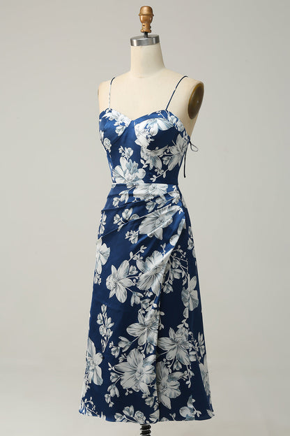 Ink Blue Floral Tea-Length Bridesmaid Dress