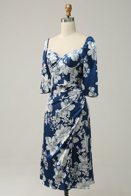 Ink Blue Floral Tea-Length Bridesmaid Dress with Sleeves