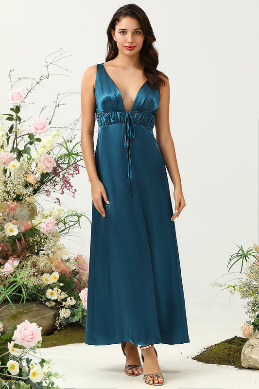 Ink Blue Satin Long Bridesmaid Dress