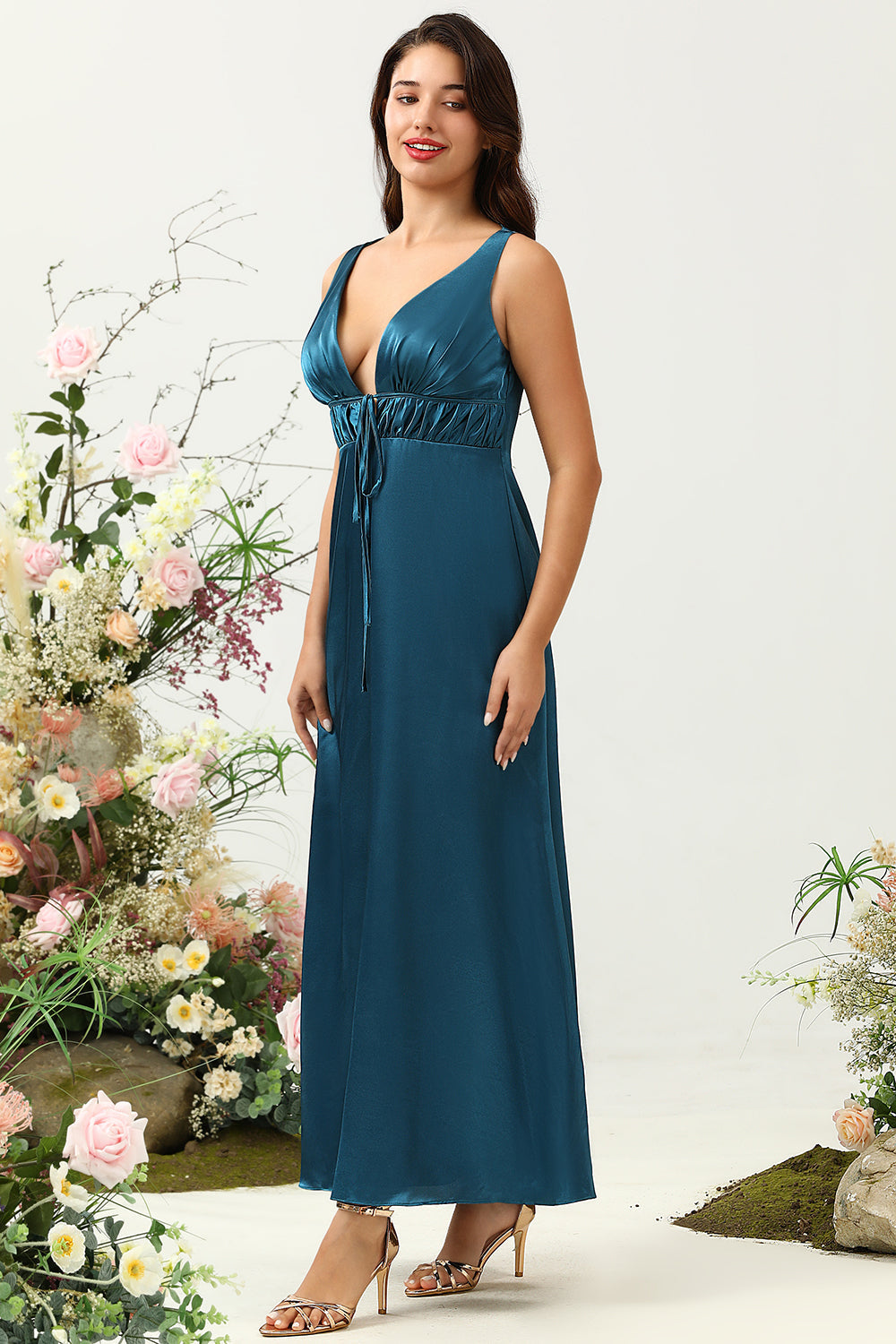 Ink Blue Satin Long Bridesmaid Dress