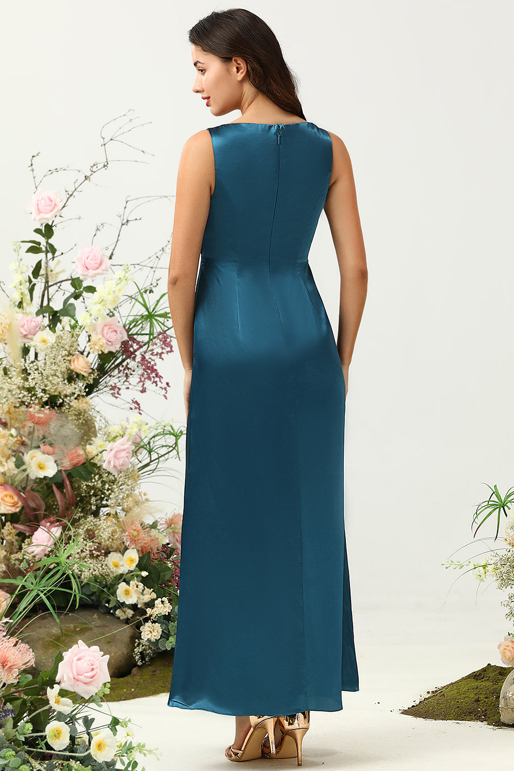 Ink Blue Satin Long Bridesmaid Dress