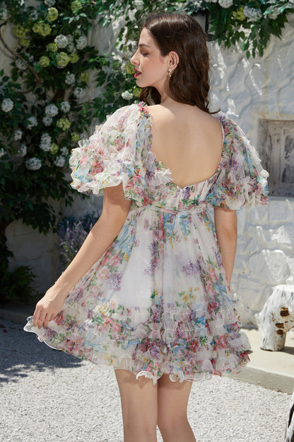 Trendy A Line Ivory Floral Printed Short Tulle Homecoming Dress with Short Sleeves