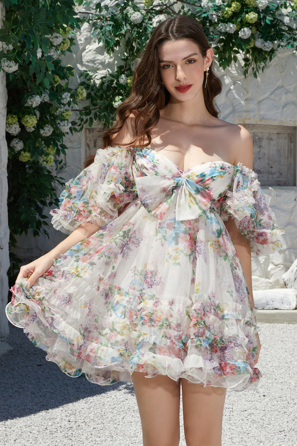 Trendy A Line Ivory Floral Printed Short Tulle Homecoming Dress with Short Sleeves