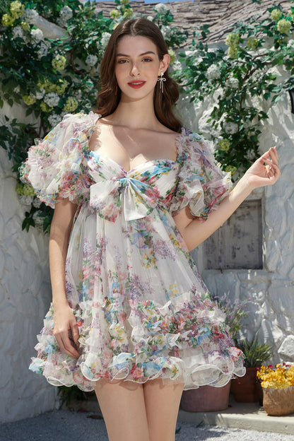 Trendy A Line Ivory Floral Printed Short Tulle Homecoming Dress with Short Sleeves