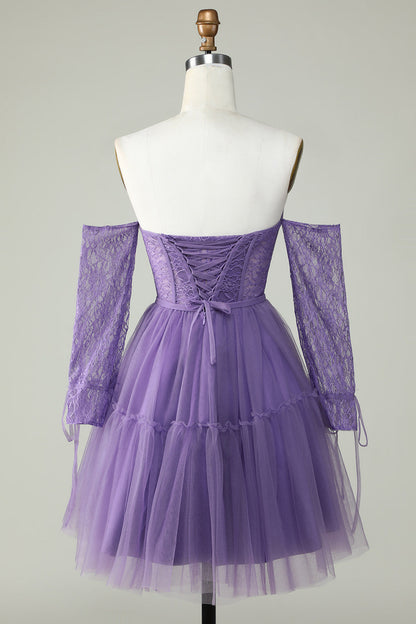 A Line Off the Shoulder Purple Corset Homecoming Dress with Long Sleeves