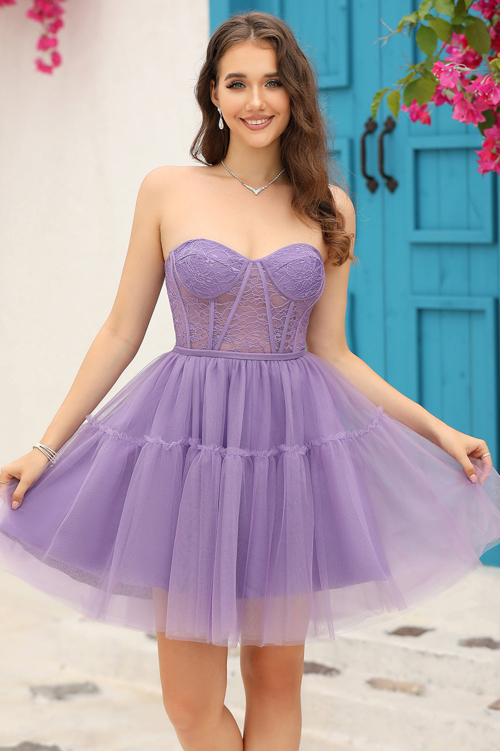 Purple Corset Detachable Long Sleeves A-Line Homecoming Dress