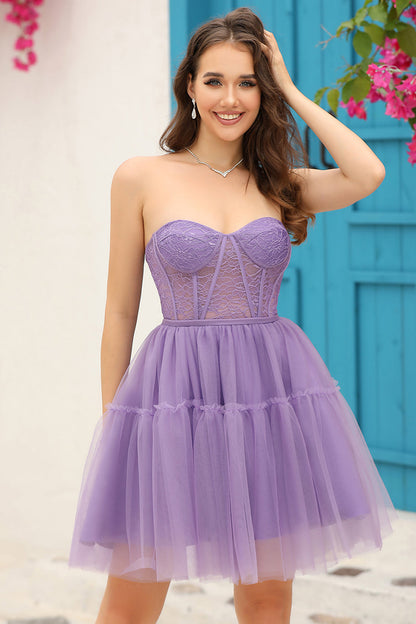 Purple Corset Detachable Long Sleeves A-Line Homecoming Dress