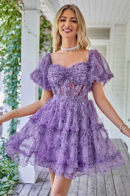 Gorgeous A Line Off the Shoulder Fuchsia Tulle Short Homecoming Dress with Short Sleeves