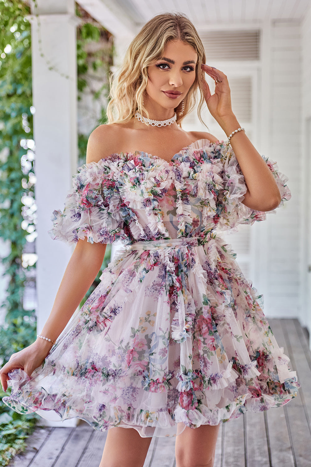 Stylish A Line Off the Shoulder Dusty Rose Tulle Short Homecoming Dress with Short Sleeves