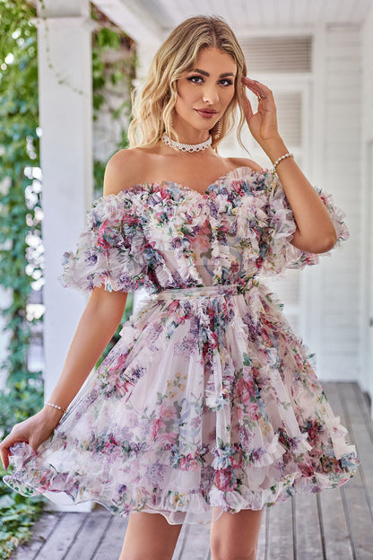 A Line Off the Shoulder Ivory Red Flower Printed Cute Homecoming Dress