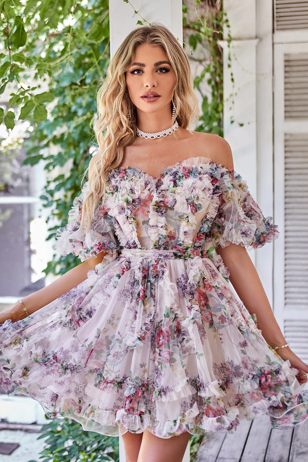 A Line Off the Shoulder Ivory Red Flower Printed Cute Homecoming Dress