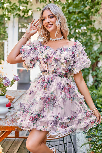 Beautiful A Line Off the Shoulder Dusty Rose Tulle Short Homecoming Dress with Short Sleeves