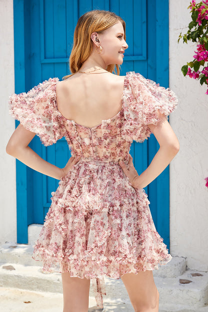 Stylish A Line Off the Shoulder Dusty Rose Tulle Short Homecoming Dress with Short Sleeves