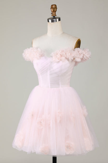 Cute A Line Off the Shoulder Pink Short Homecoming Dress with Flowers