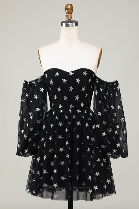 A Line Off the Shoulder Black Stars Short Homecoming Dress