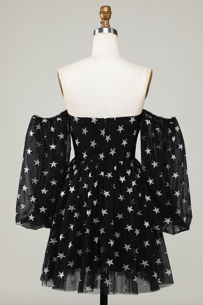 A Line Off the Shoulder Black Stars Short Homecoming Dress