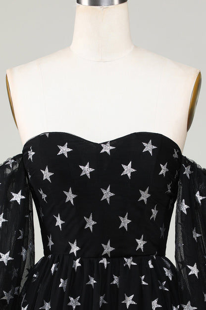 A Line Off the Shoulder Black Stars Short Homecoming Dress