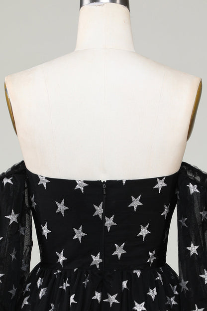 A Line Off the Shoulder Black Stars Short Homecoming Dress